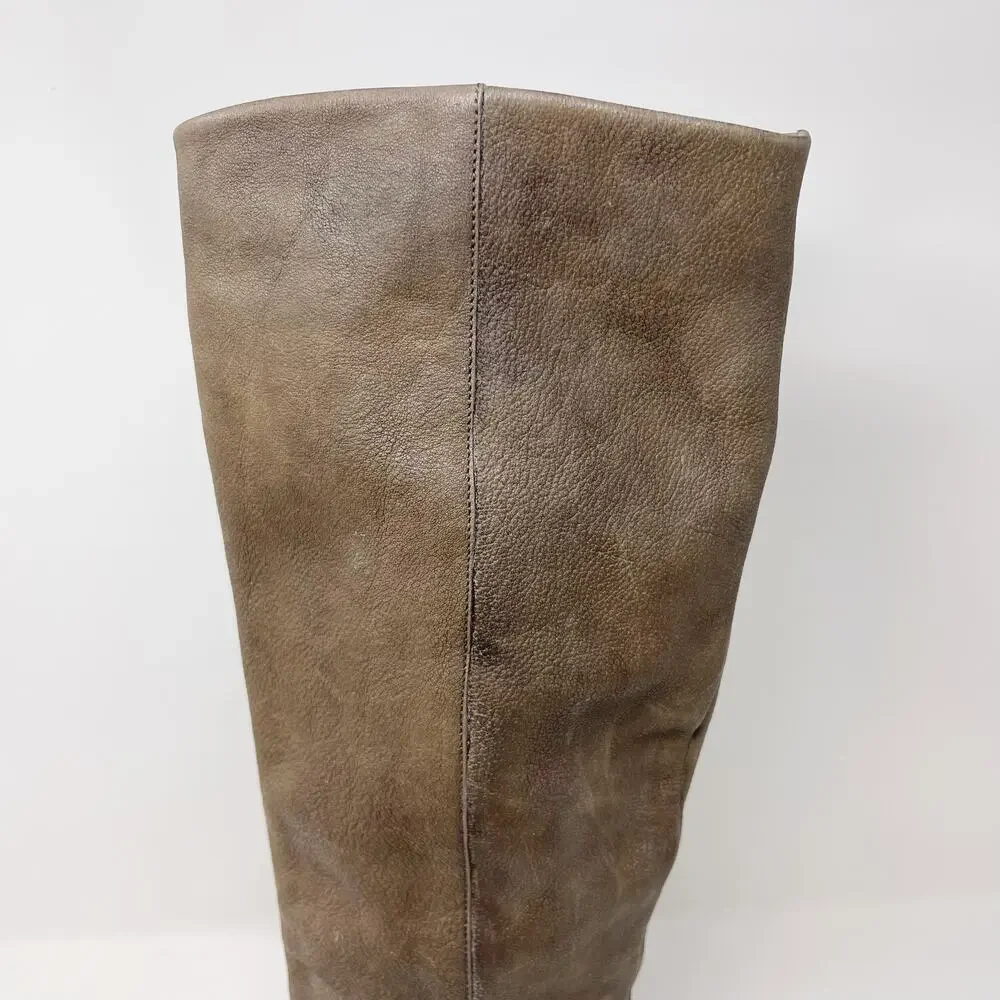 Kate Spade Size 6 Gray Leather Block Heeled Tall Boots Almond Toe Side Zipper